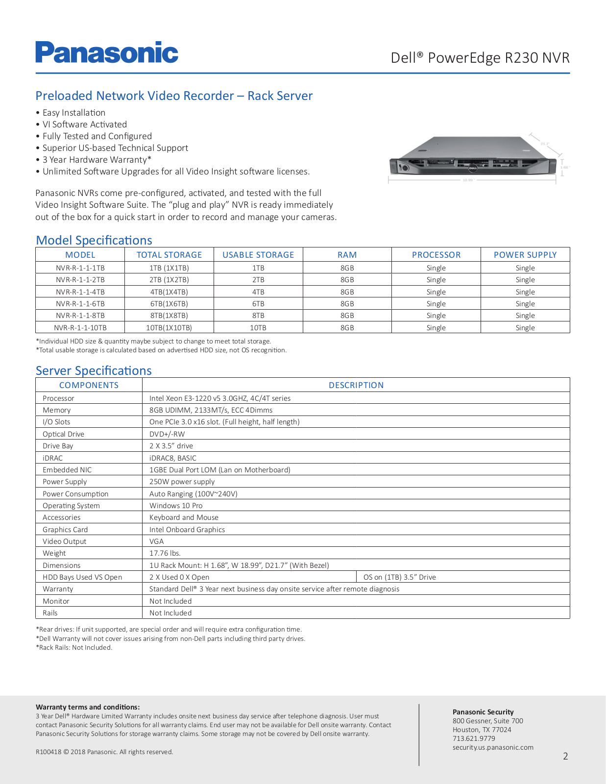 Panasonic NVR-R-1-1-10TB, NVR-R-1-1-1TB Specsheet