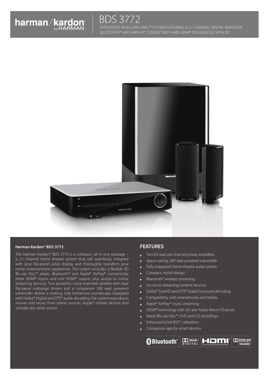 Harman Kardon BDS 3772 Specification Sheet