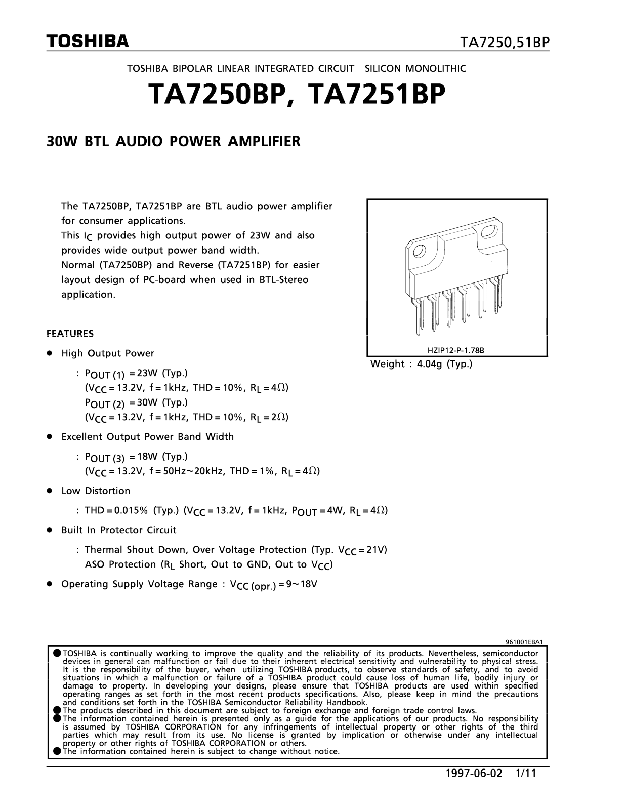 Toshiba TA7250BP, TA7251BP Datasheet