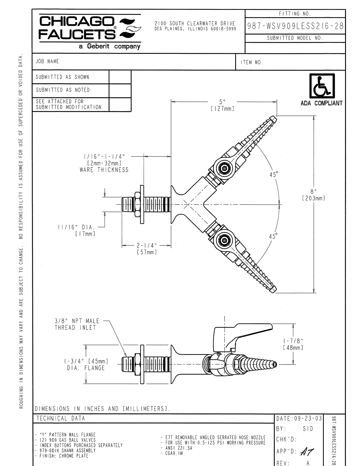 Chicago Faucet 987-WSV909LESS216-28 User Manual