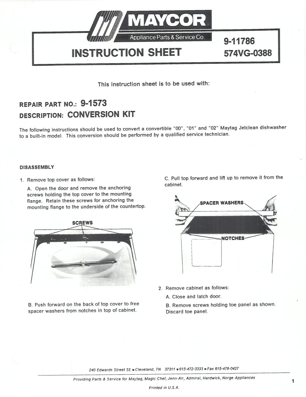 Maytag 9-1573 Instruction Sheet