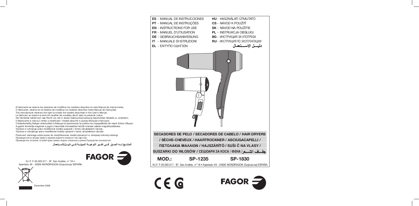 Fagor SP-1235, SP-1830 User Manual