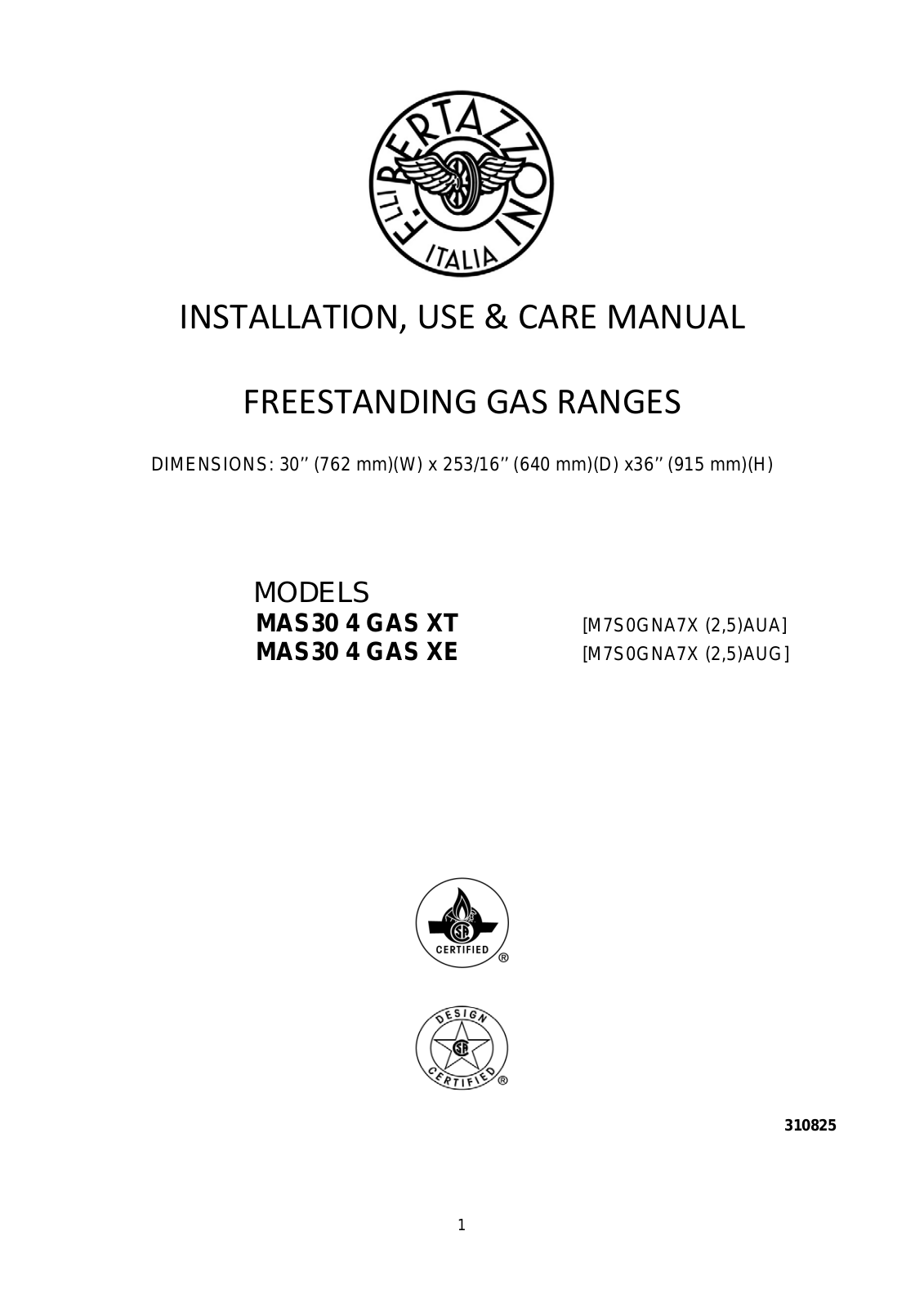 Bertazzoni MAS30 4 GAS XE, MAS30 4 GAS XT User Manual