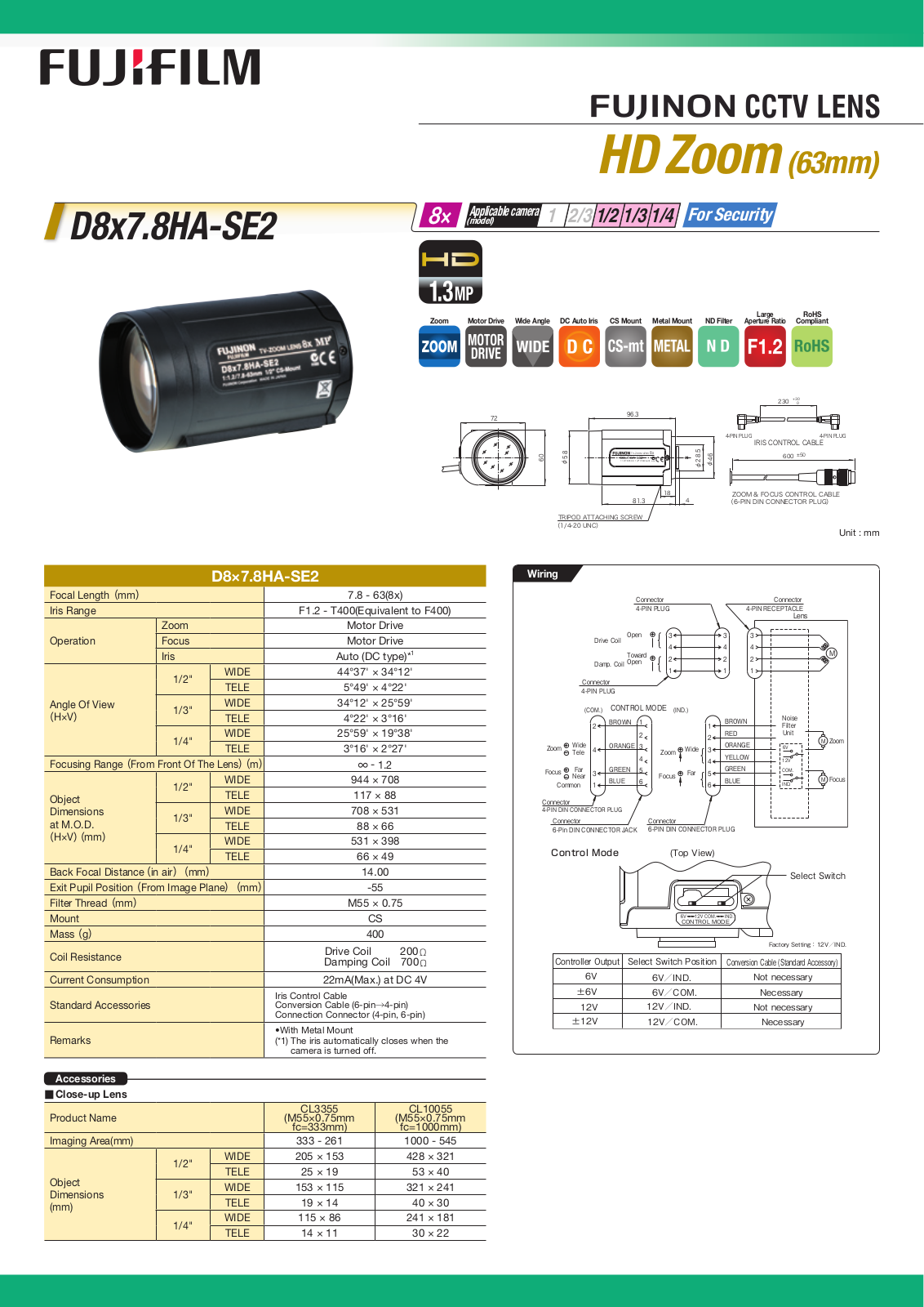 Fujinon D8x7.8HA-SE2 Specsheet