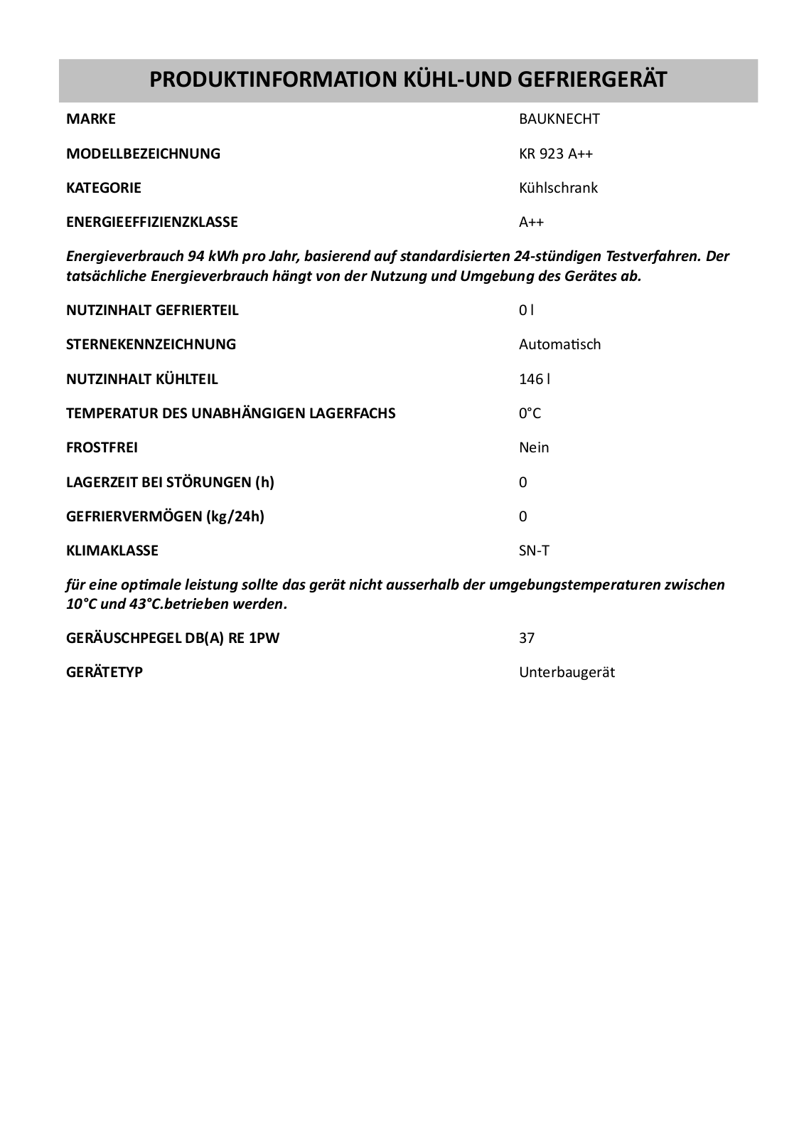 Bauknecht KR 923 A++ User Manual