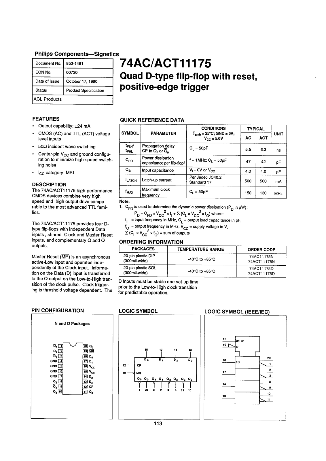 Philips 74ACT11175D, 74ACT11175N, 74AC11175D, 74AC11175N Datasheet