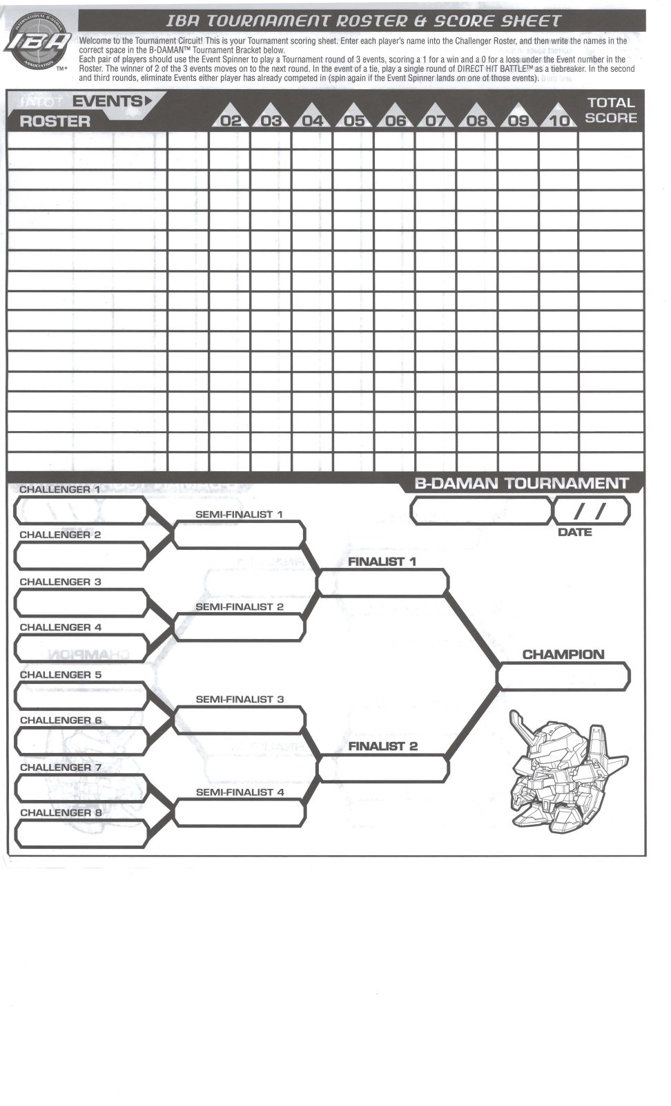 HASBRO B Daman IBA Tournament Roster & Score Sheet User Manual
