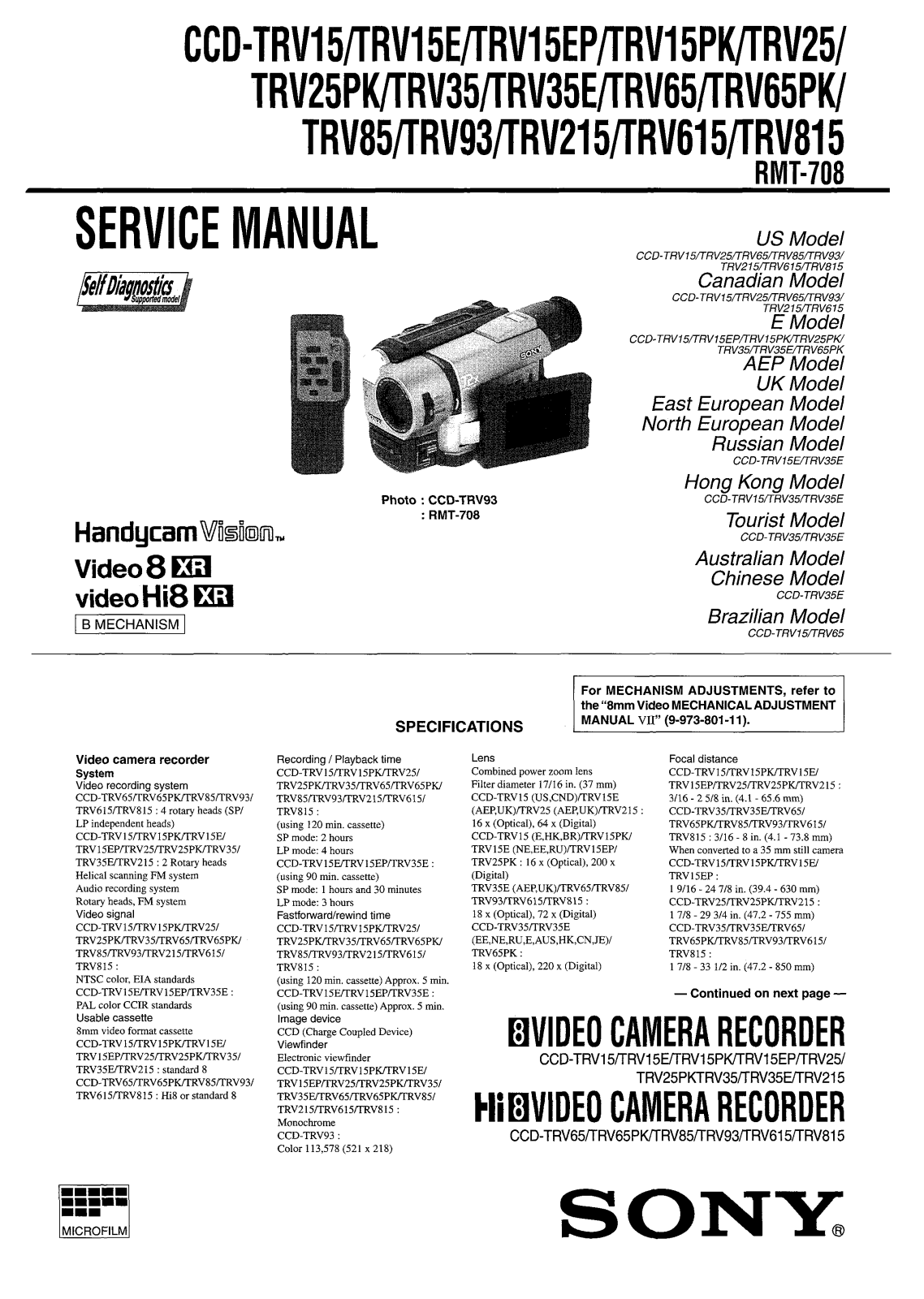 SONY TR710, TR910 Service Manual