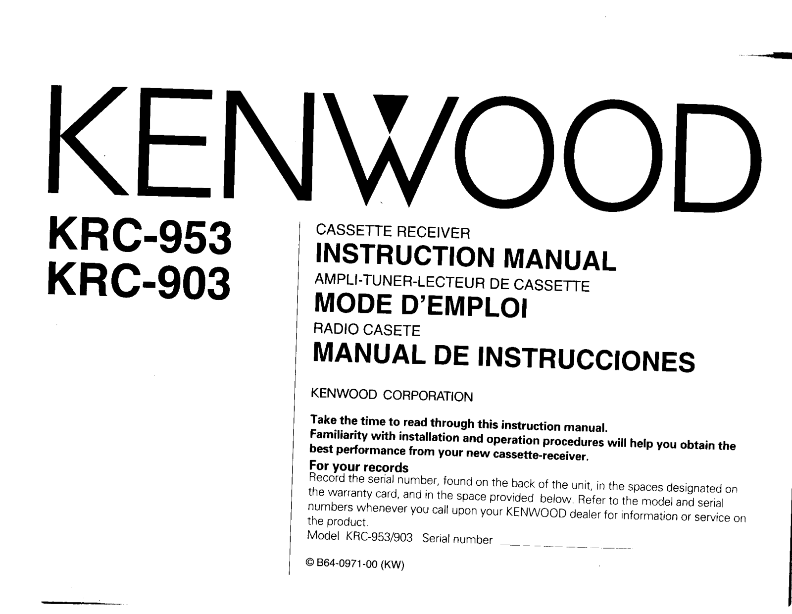 Kenwood KRC-903, KRC-953 Owner's Manual