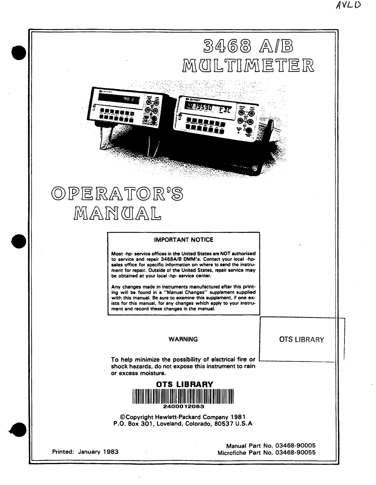 HP 3468A/B MULTIMETER OPERATORS MANUAL  USED
