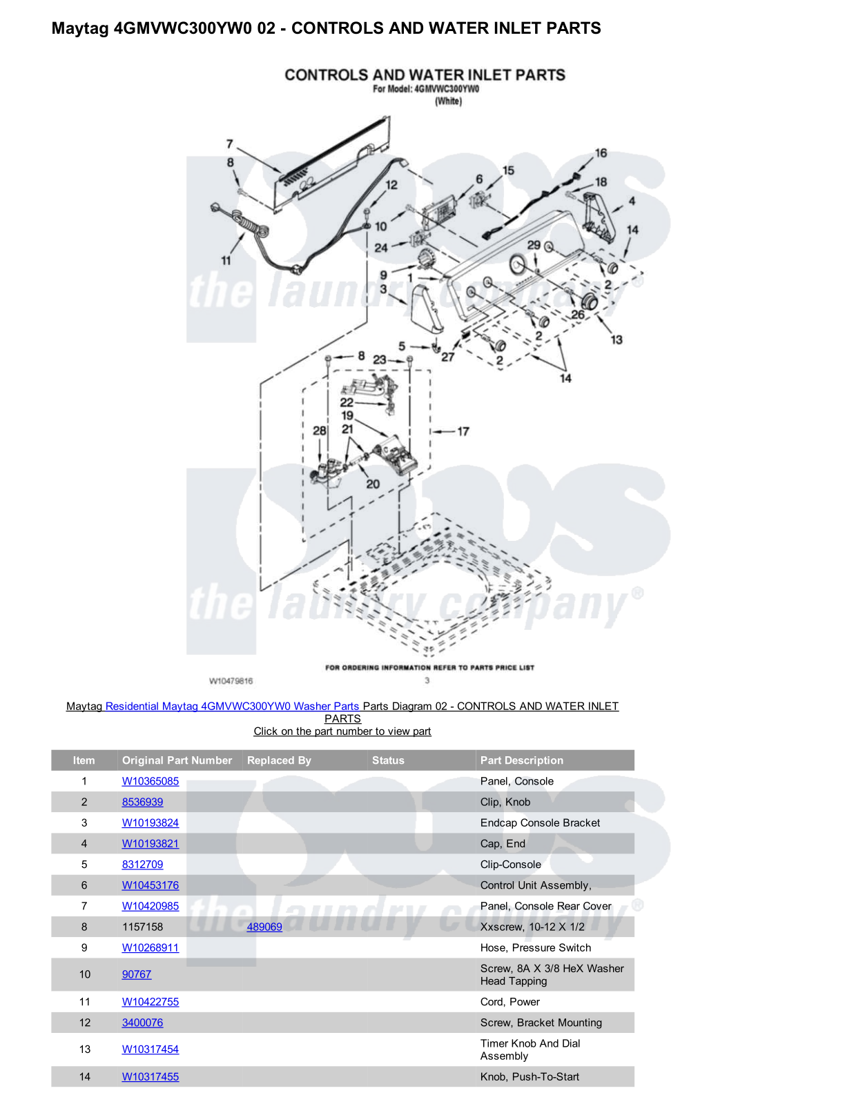 Maytag 4GMVWC300YW0 Parts Diagram