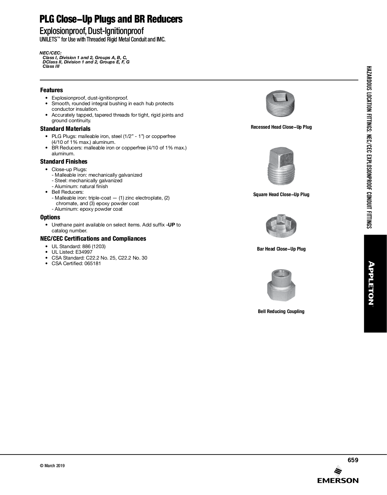 Appleton PLG Close-Up Plugs and BR Reducers Catalog Page