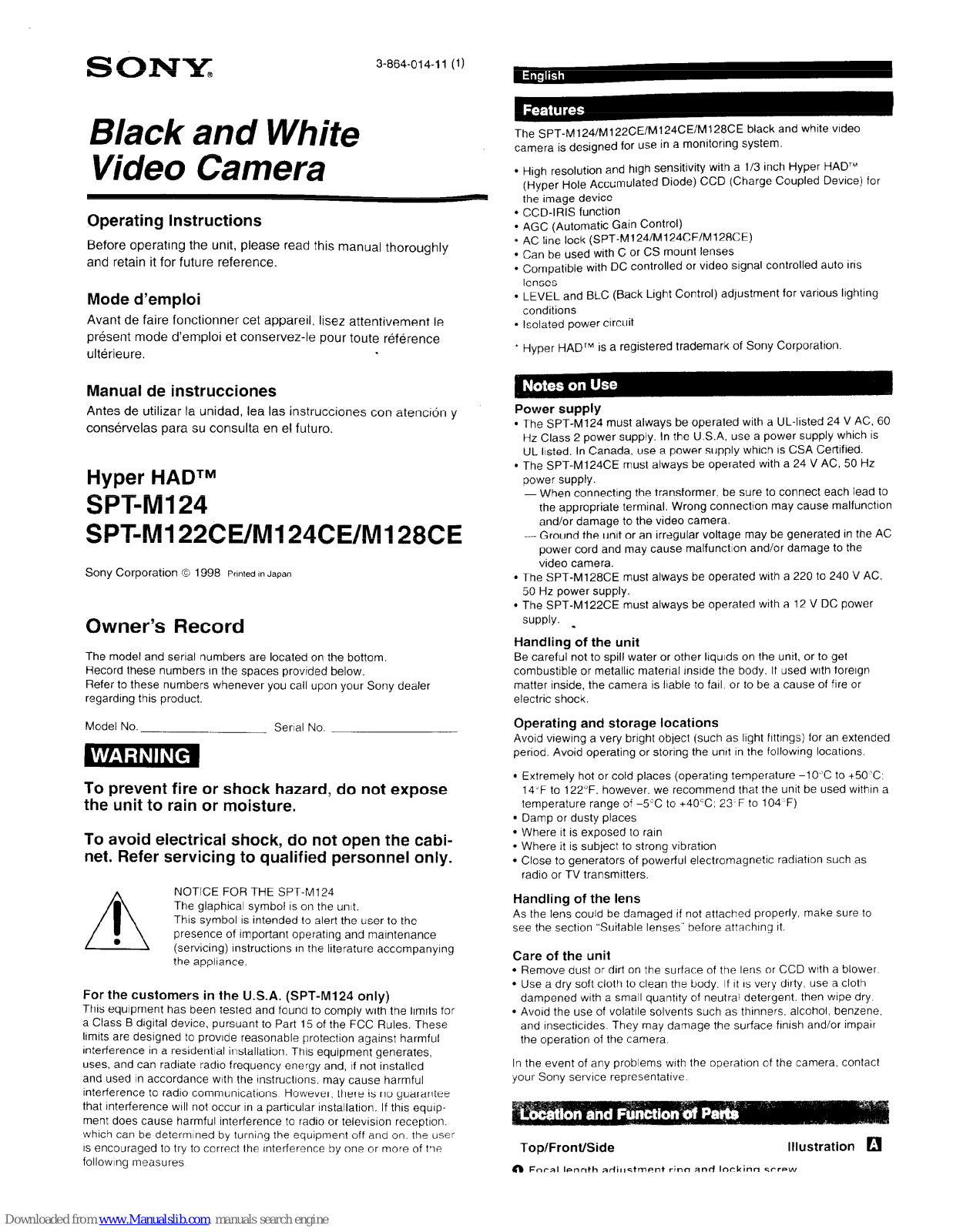 Sony Hyper HAD SPT-M124,Hyper HAD SPT-M122CE,Hyper HAD SPT-M124CE,Hyper HAD SPT-M128CE Operating Instructions Manual