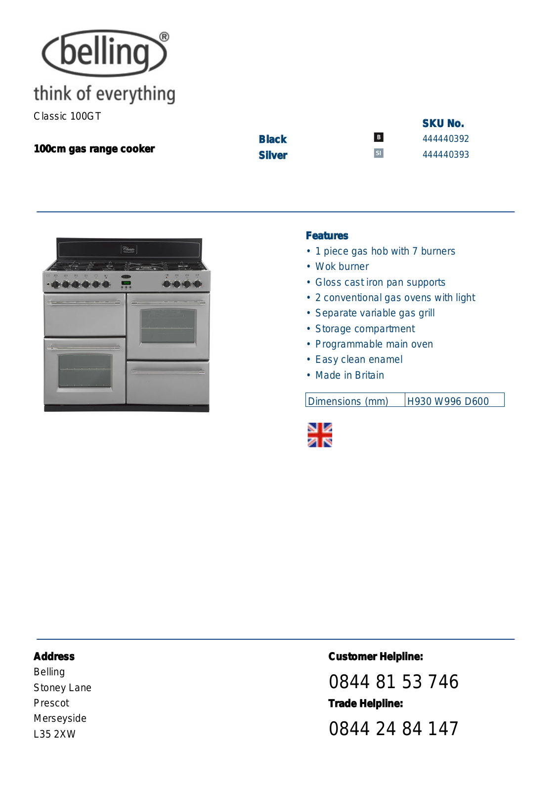 Belling CLASSIC 100GT DATASHEET