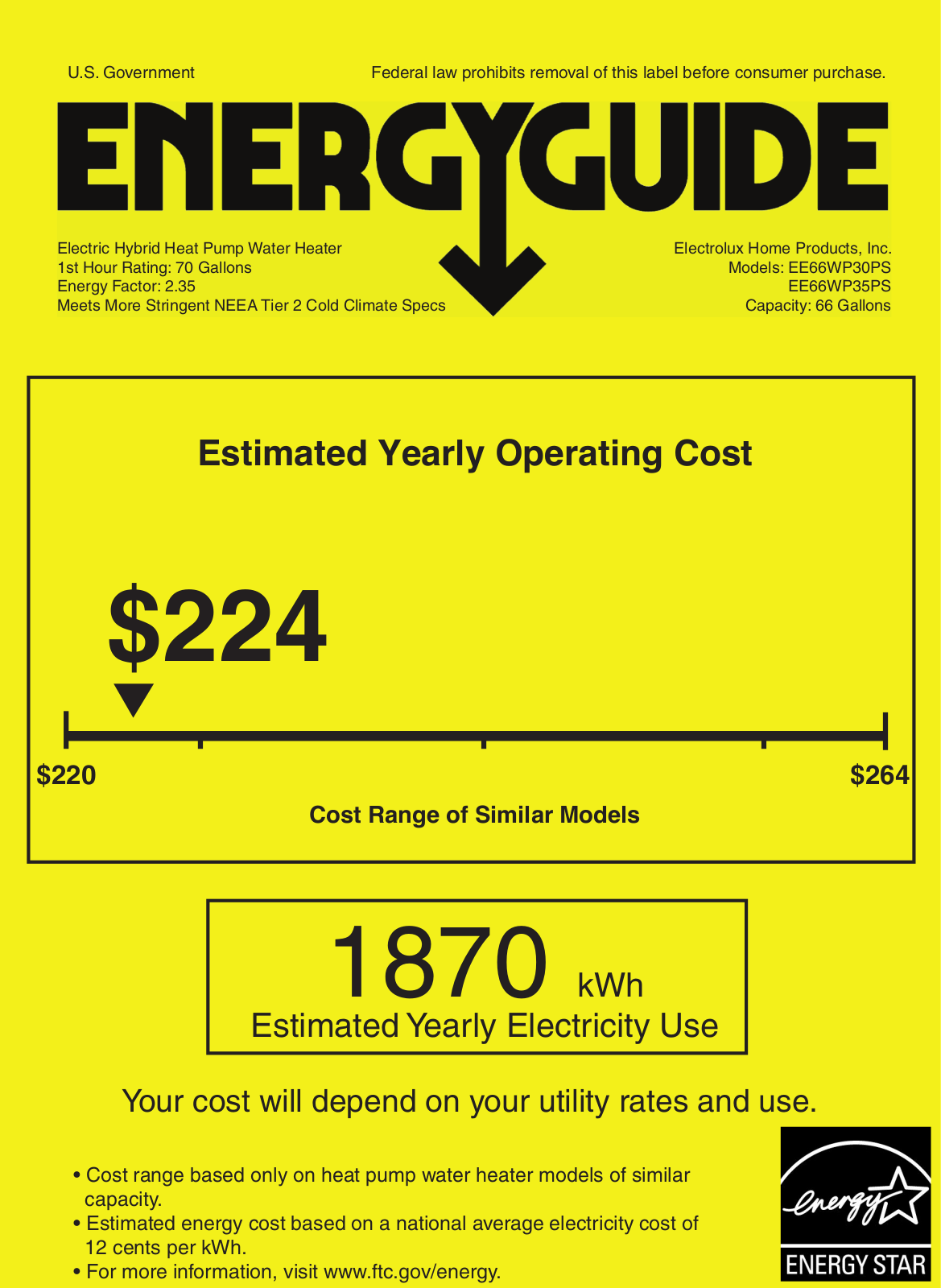 Electrolux EE66WP30PS, EE66WP35PS Energy Guide