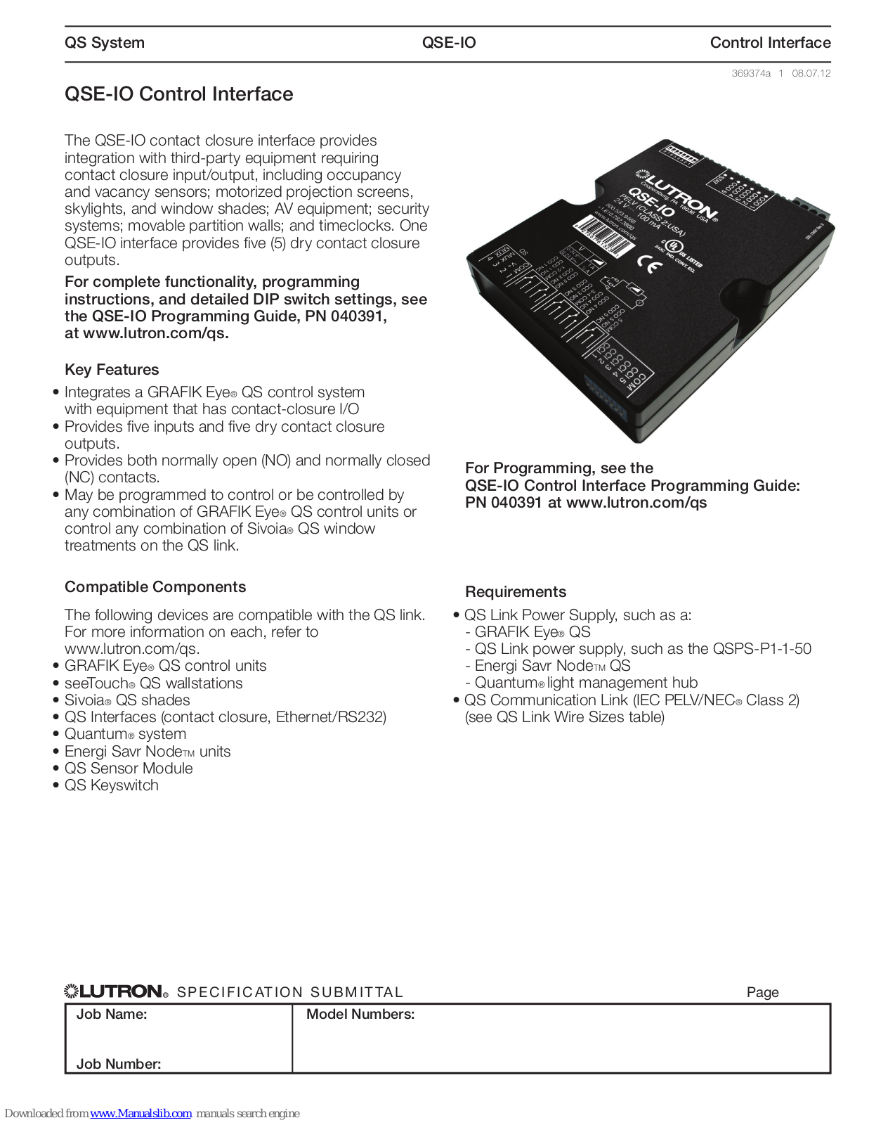 Lutron Electronics QSE-IO User Manual