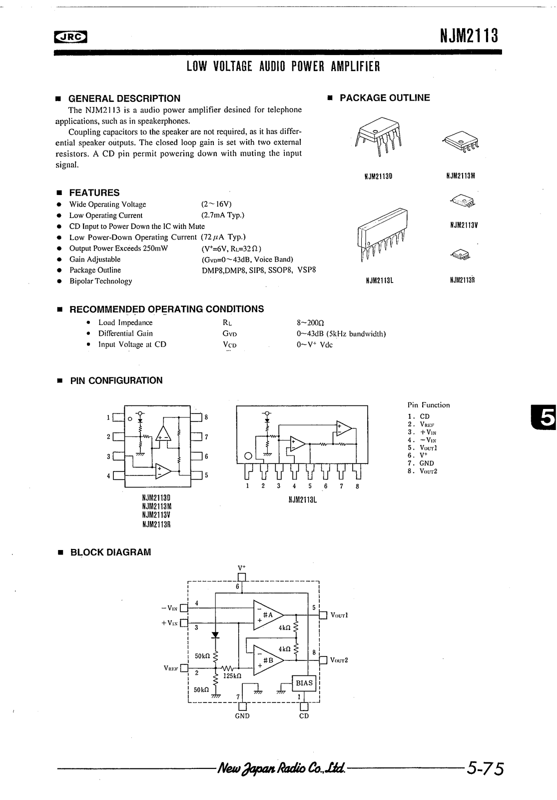 JRC NJM2113M, NJM2113V, NJM2113R, NJM2113L, NJM2113D Datasheet