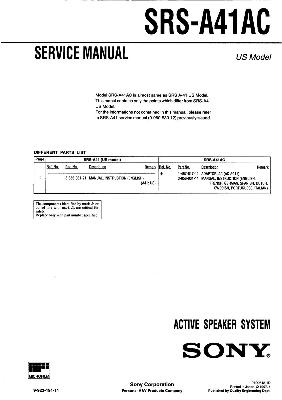 Sony SRS-A41AC Service Manual