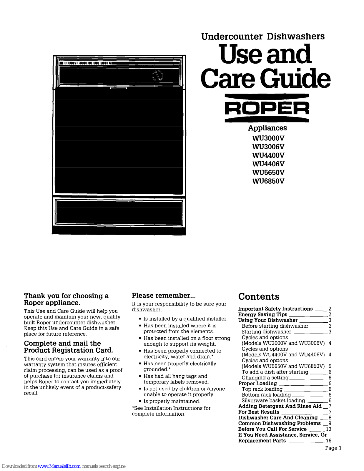 Roper WU3000V, WU4400V, WU3006V, WU4406V, WU565OV Use & Care Manual - ManualMachine.com