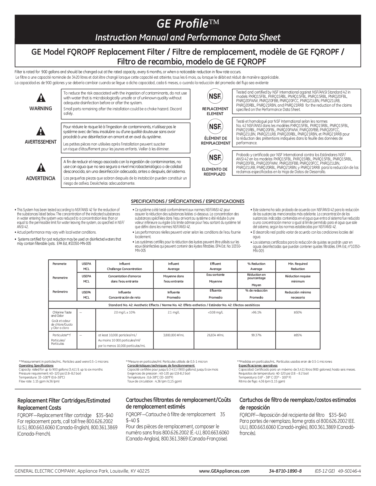 GE FQROPF Owner's Manual