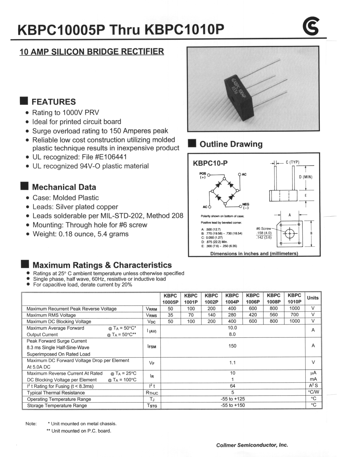 CALLMER KBPC1010P, KBPC1004P, KBPC1002P, KBPC1006P, KBPC1008P Datasheet