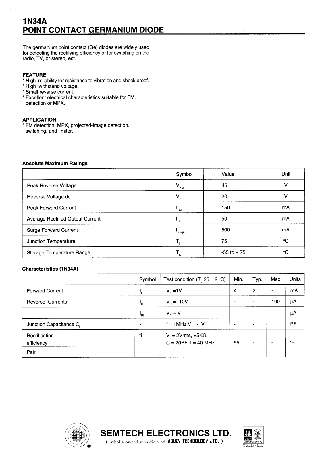 HONEY 1N34A Datasheet