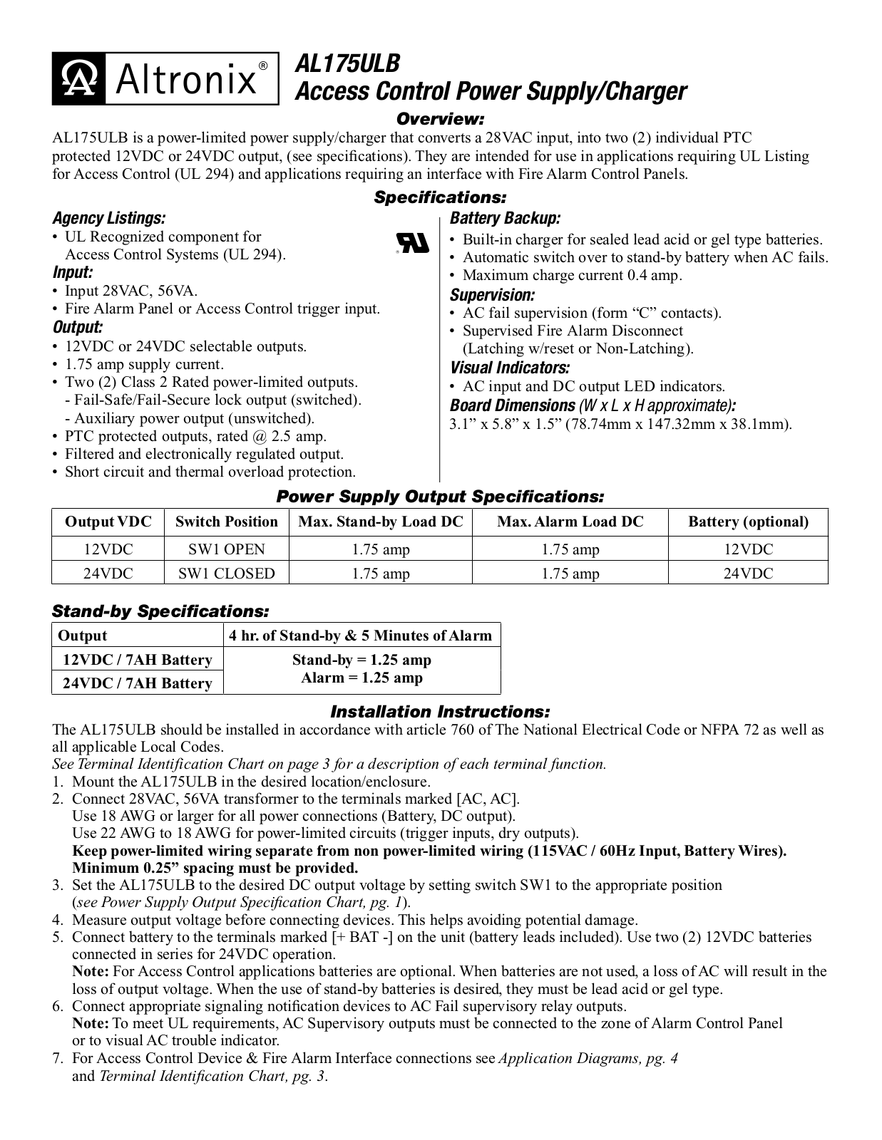 Altronix AL175ULB Installation Instructions