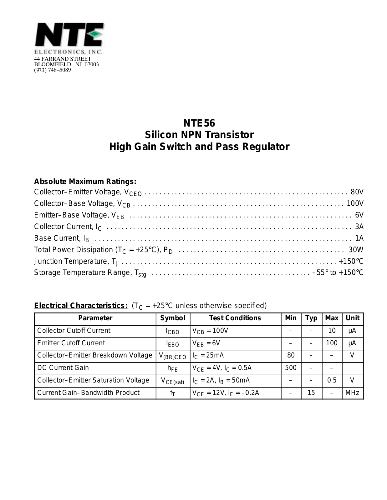 Datasheet NTE56 Datasheet (NTE) - ManualMachine.com