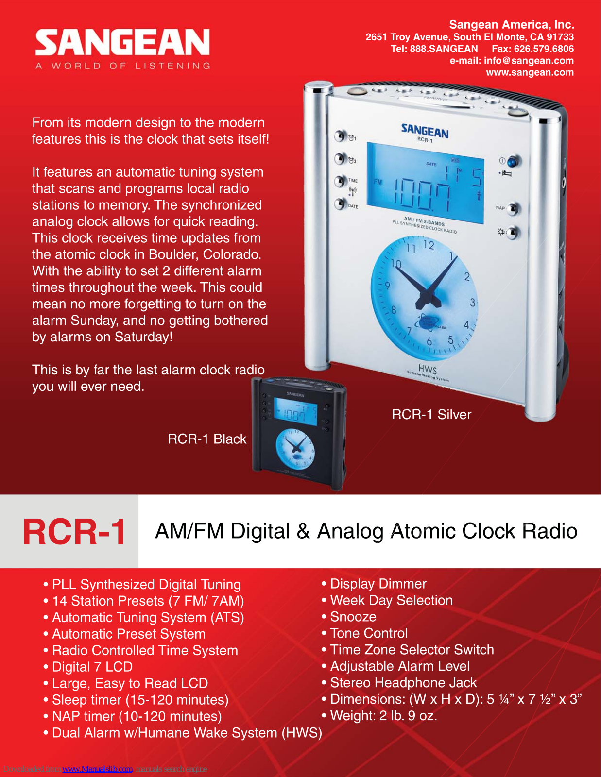 Sangean RCR-1 RCR-1, RCR-1 Specification Sheet