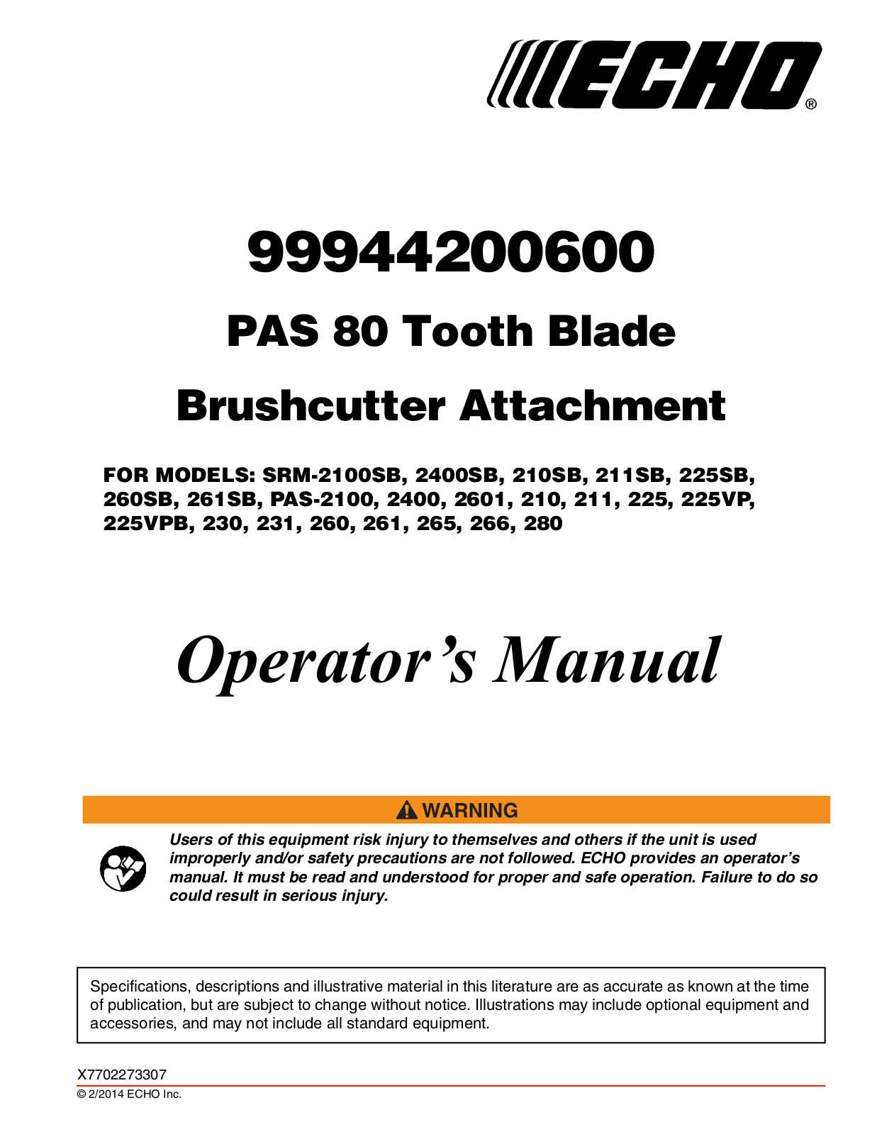 Echo 225VP, 266, 265, 260SB, 2400SB User Manual