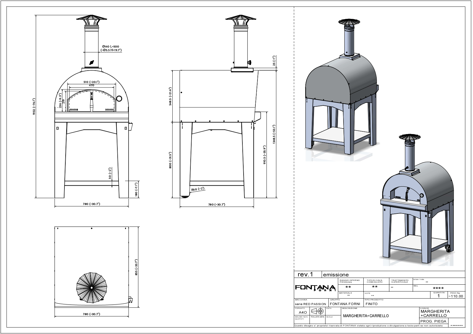 Fontana Forni CAFTMARA, CAFTMARS, CAFTMARR, CAFTGIKIT4, CAFTMARCART Dimensions drawing