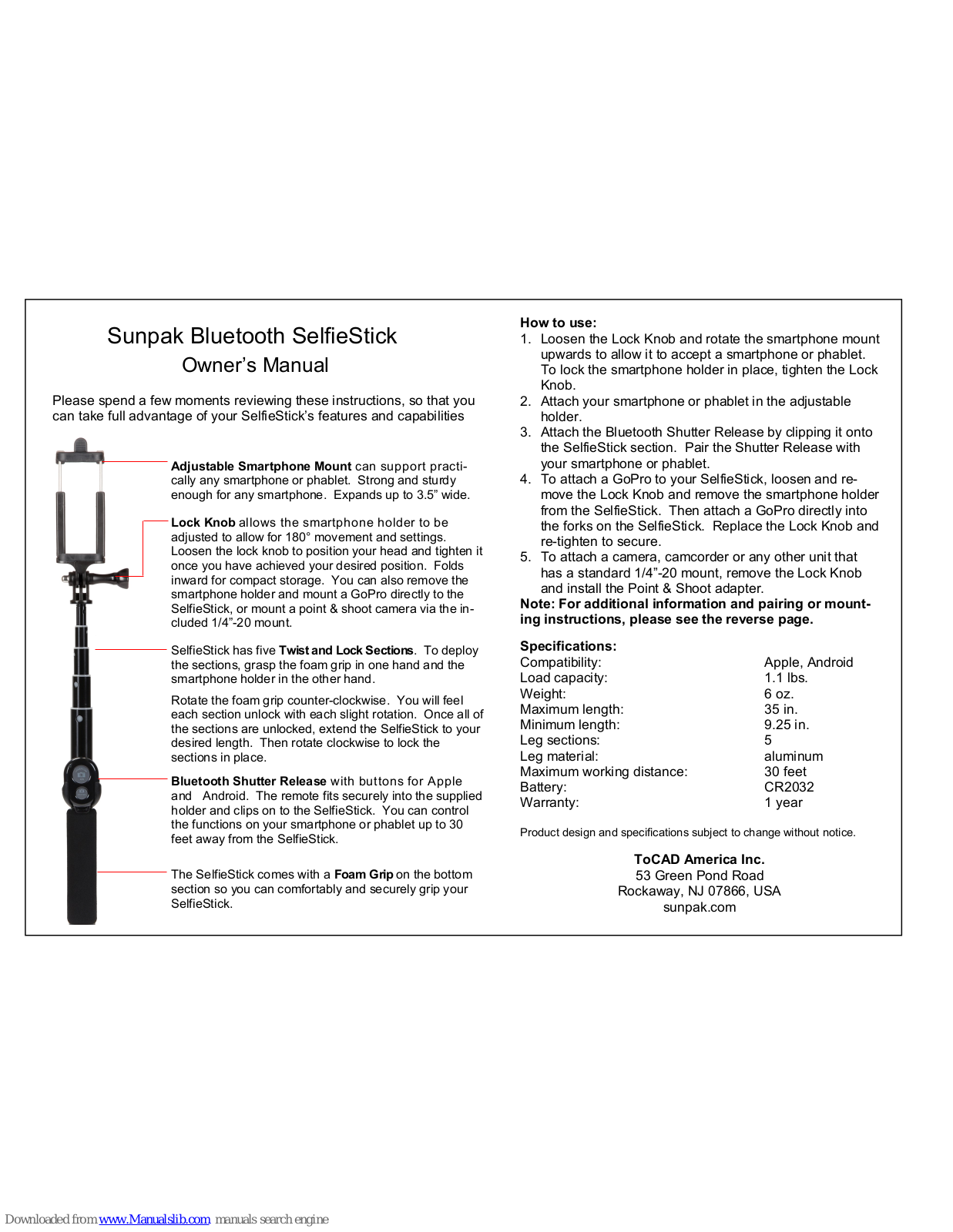 ToCAD America Inc. Sunpak Bluetooth SelfieStick SP-RBTSW-BK Owner's Manual