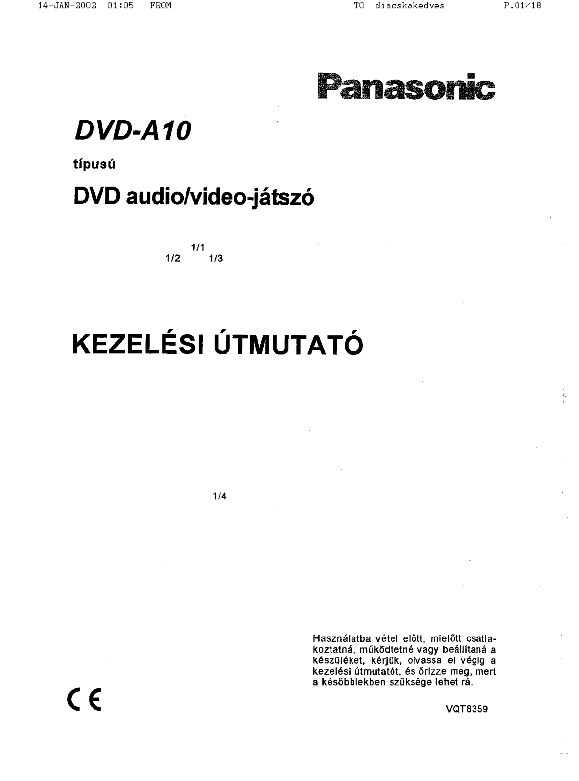 Panasonic DVD-A10 User Manual