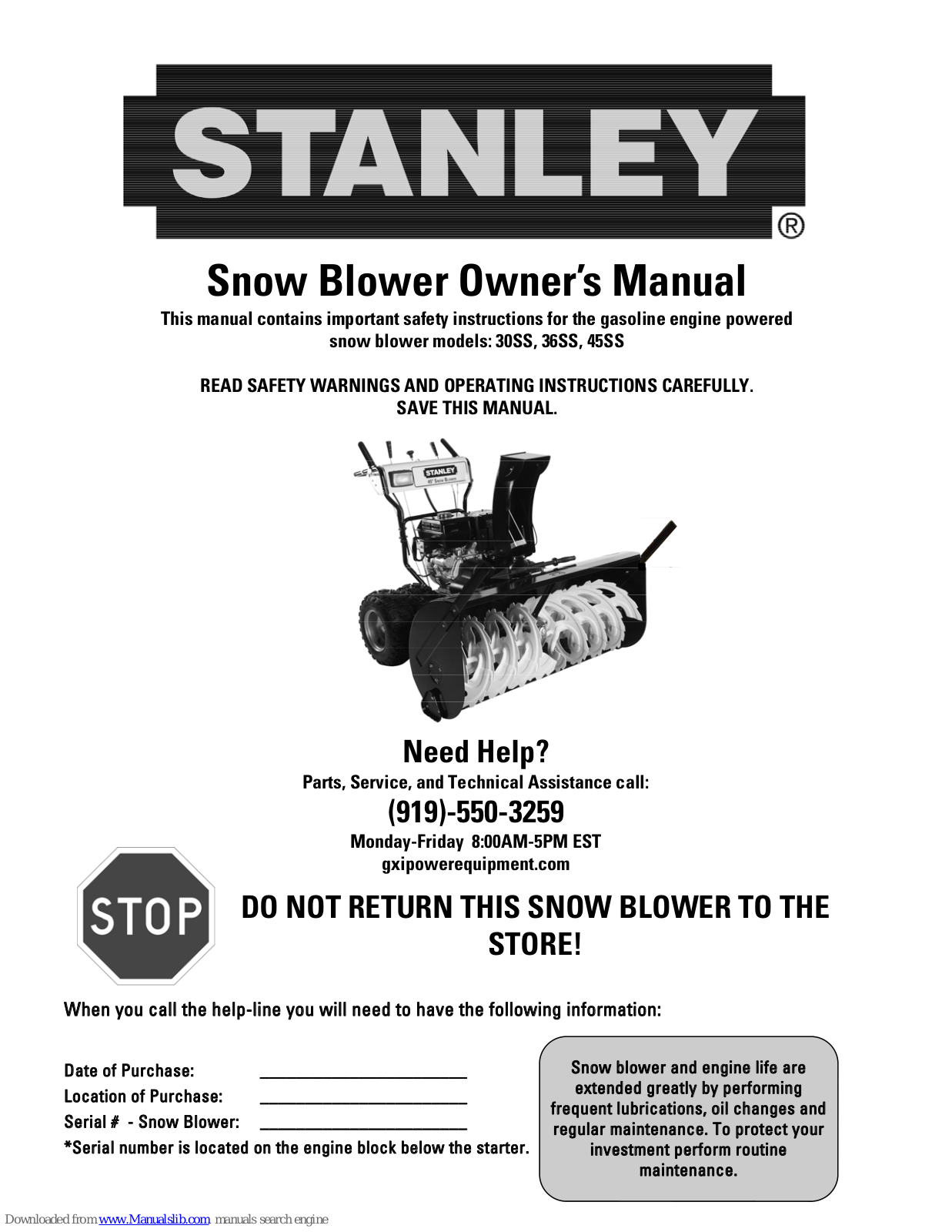 Stanley 30SS, 36SS, 45SS Owner's Manual