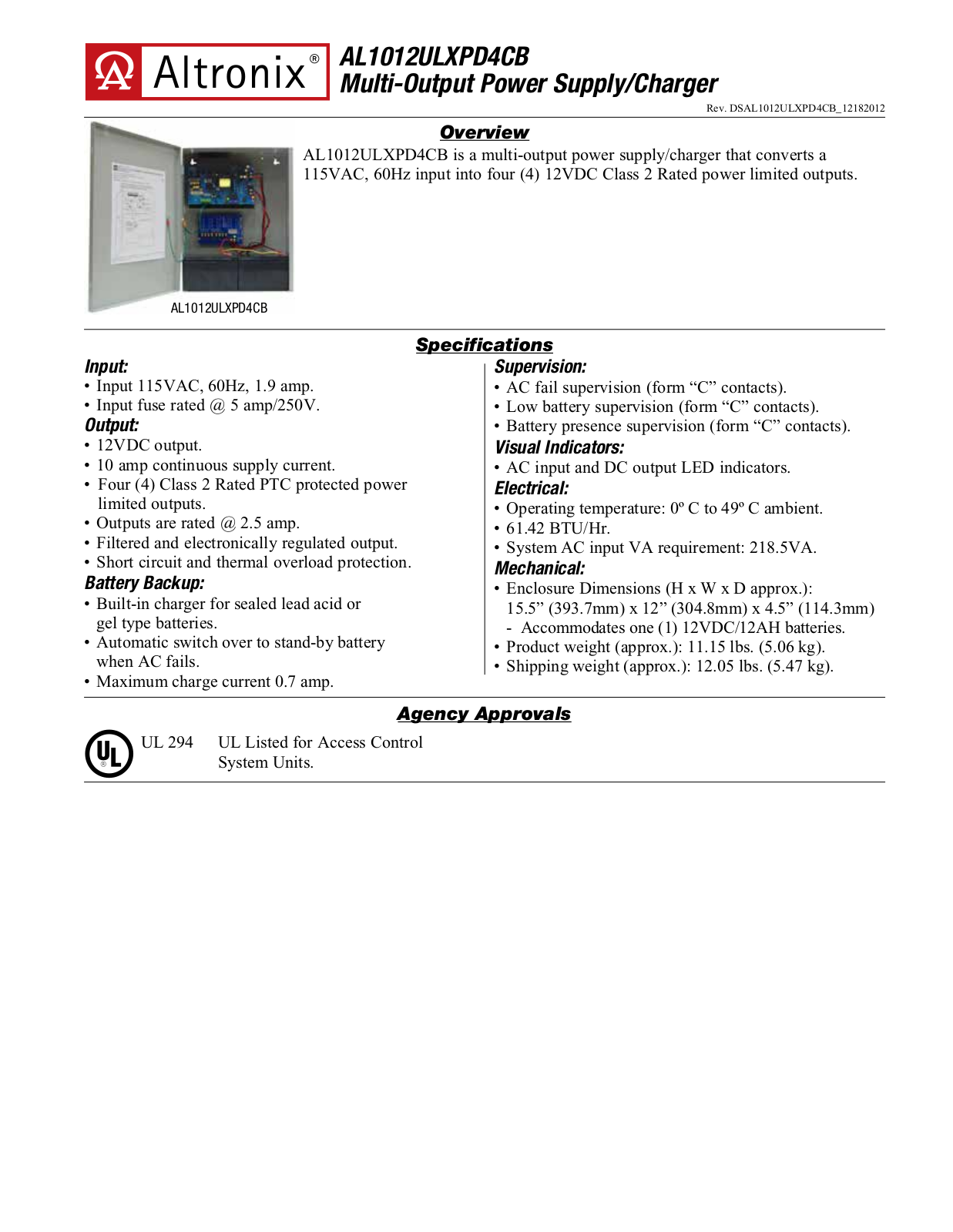 Altronix AL1012ULXPD4CB Specsheet