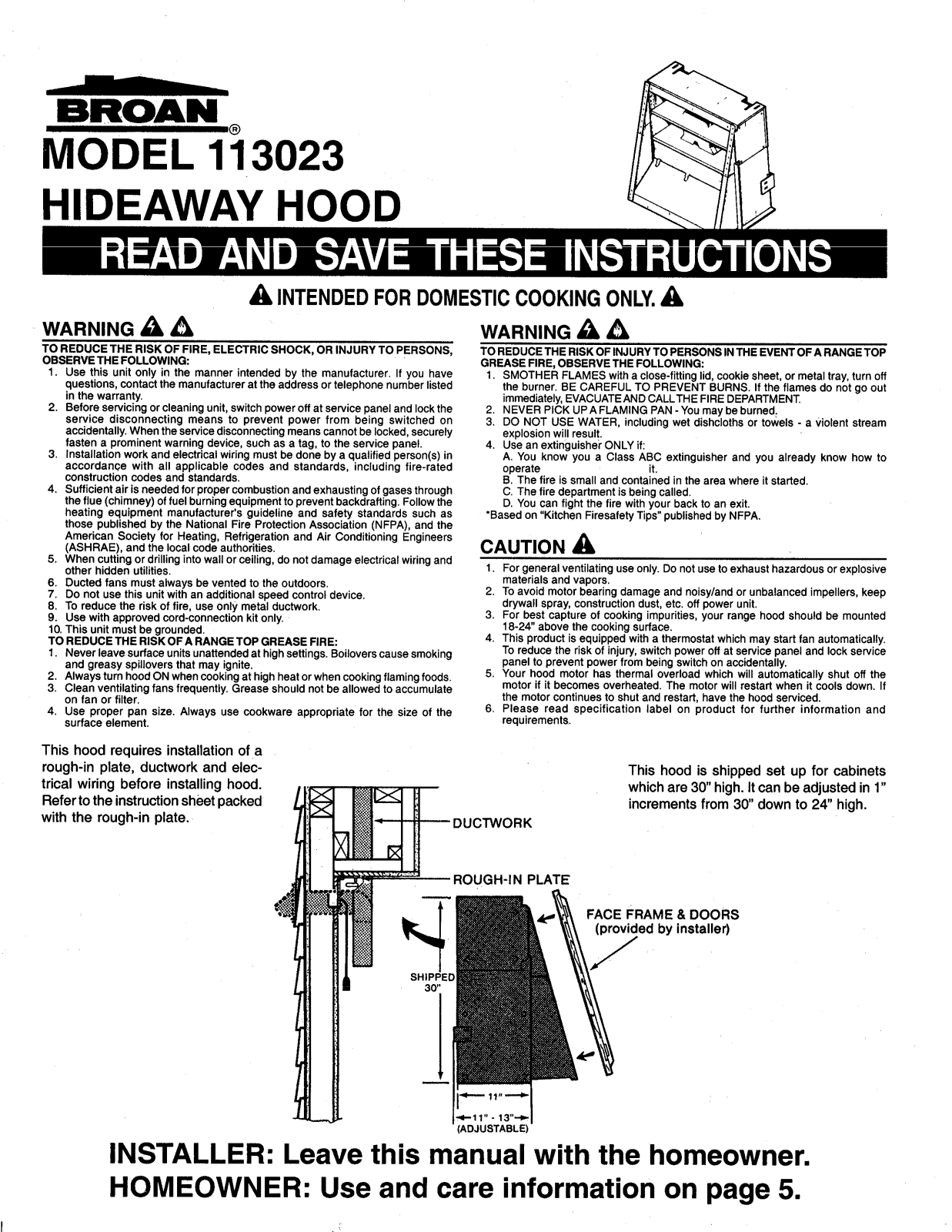 Broan 113023 User Manual