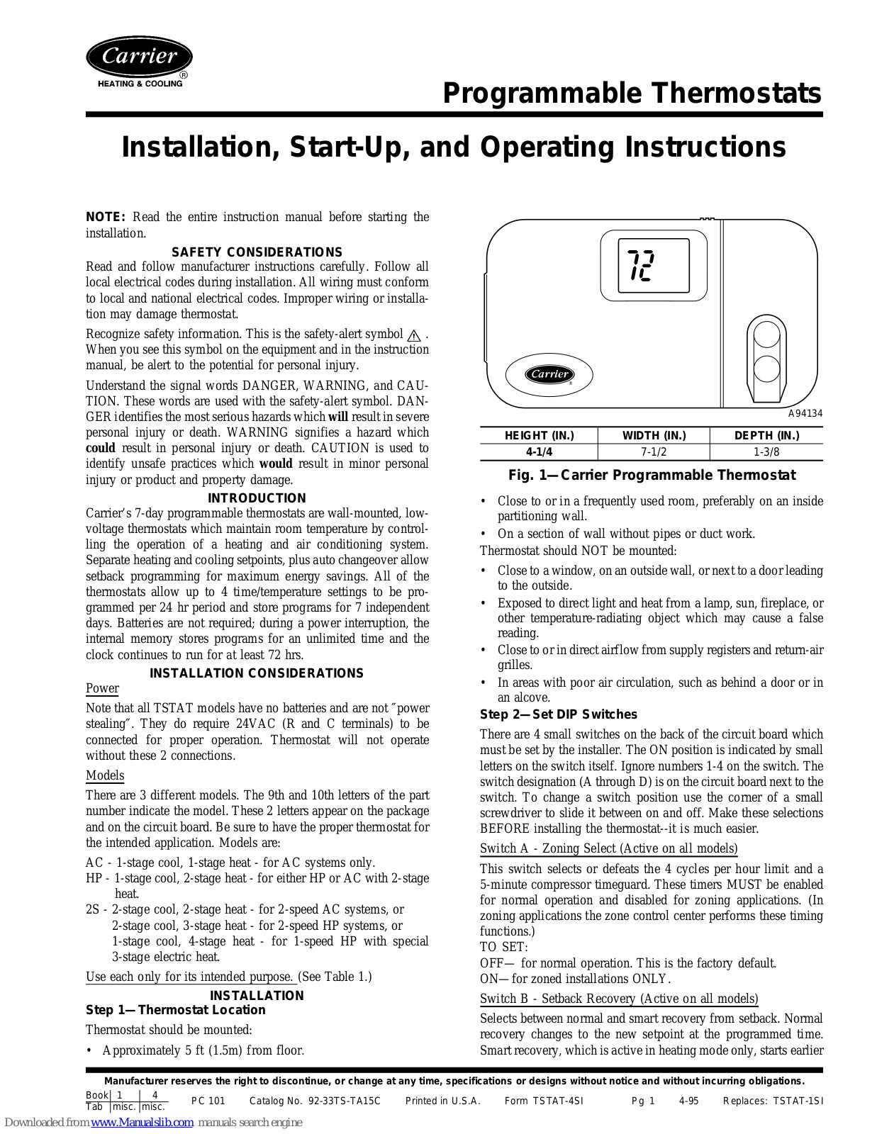 Carrier Programmable Thermostats, AC, HP, 2S Installation, Start-up, And Operating Instructions Manual