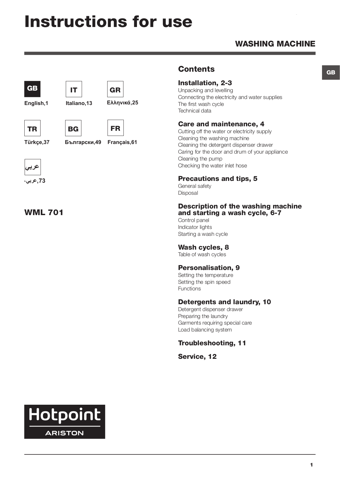 HOTPOINT WML 701 EU.M User Manual