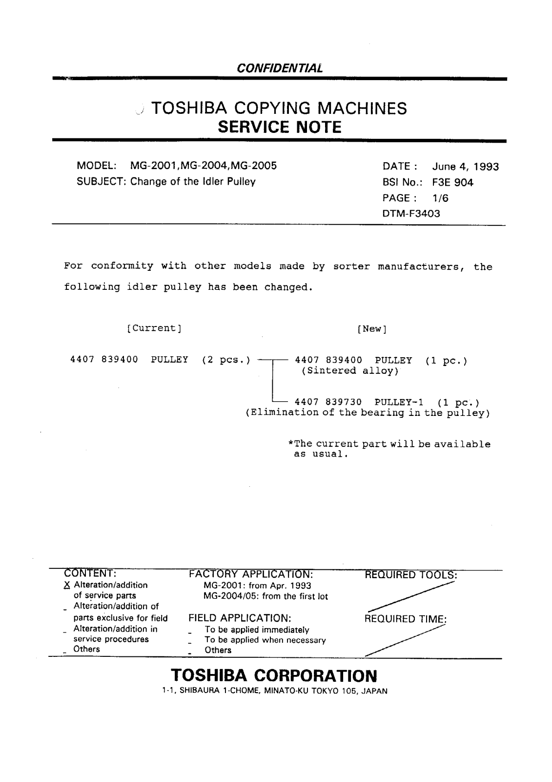 Toshiba f3e904 Service Note