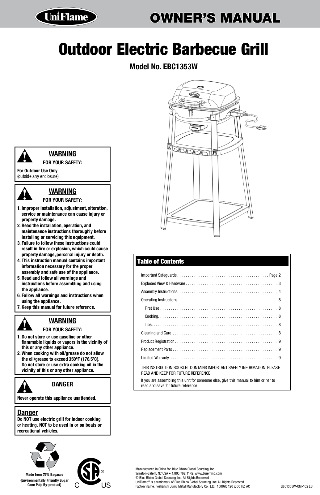 Uniflame EBC1353W Owner's Manual