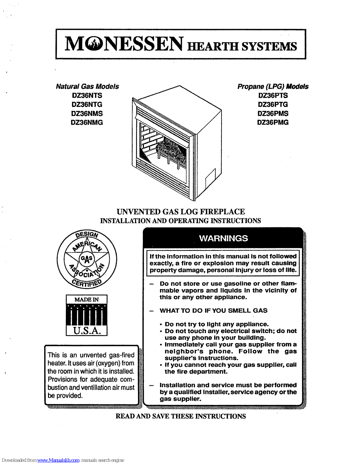 Monessen Hearth DZ36NTS, DZ36NMG, DZ36NTG, DZ36PTS, DZ36PTG Installation And Operation Instructions Manual