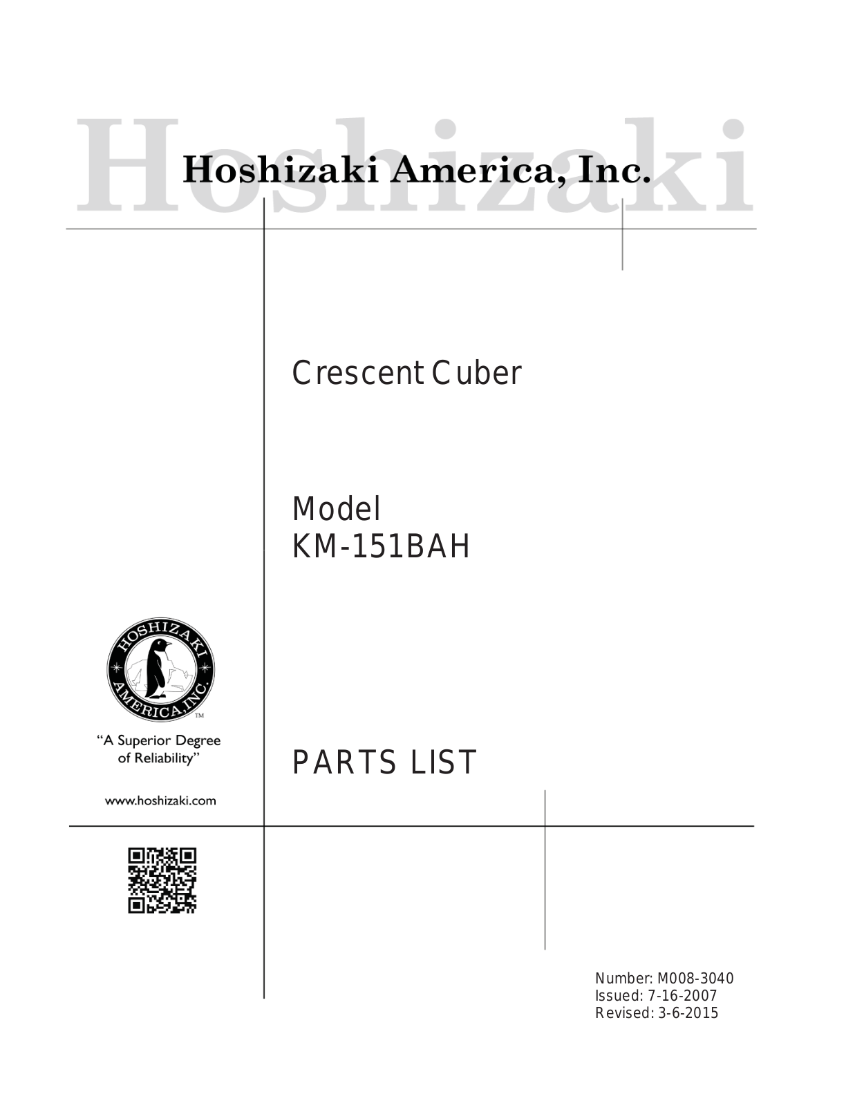 Hoshizaki America KM-151BAH Parts List