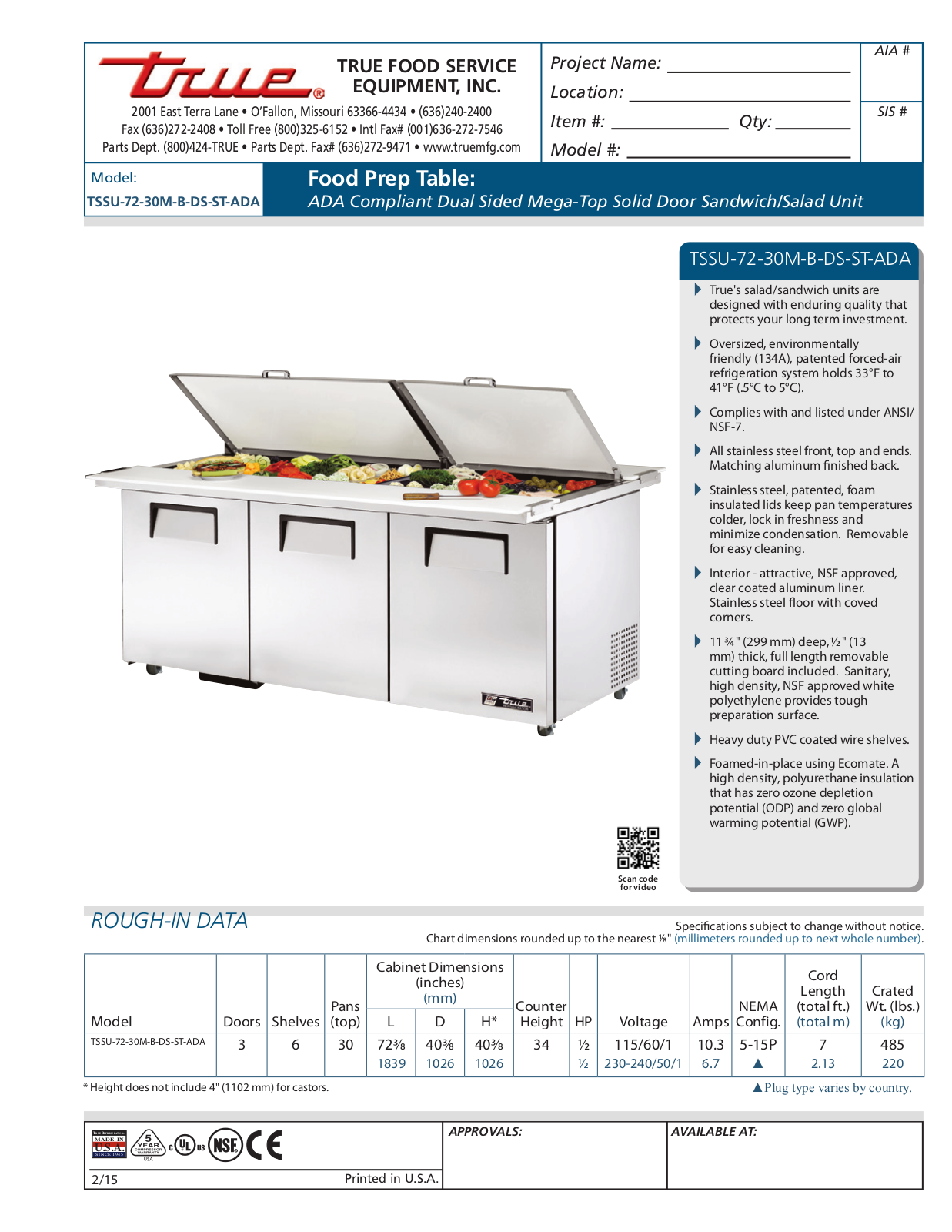 True TSSU-72-30M-B-DS-ST-ADA User Manual