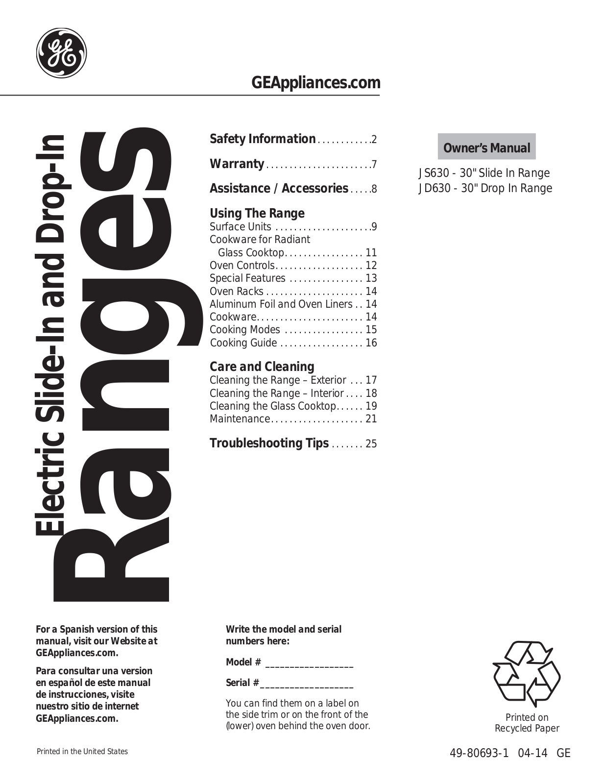 GE JS630DFCC, JS630DFWW, JS630DFBB, JS630SFSS User Manual