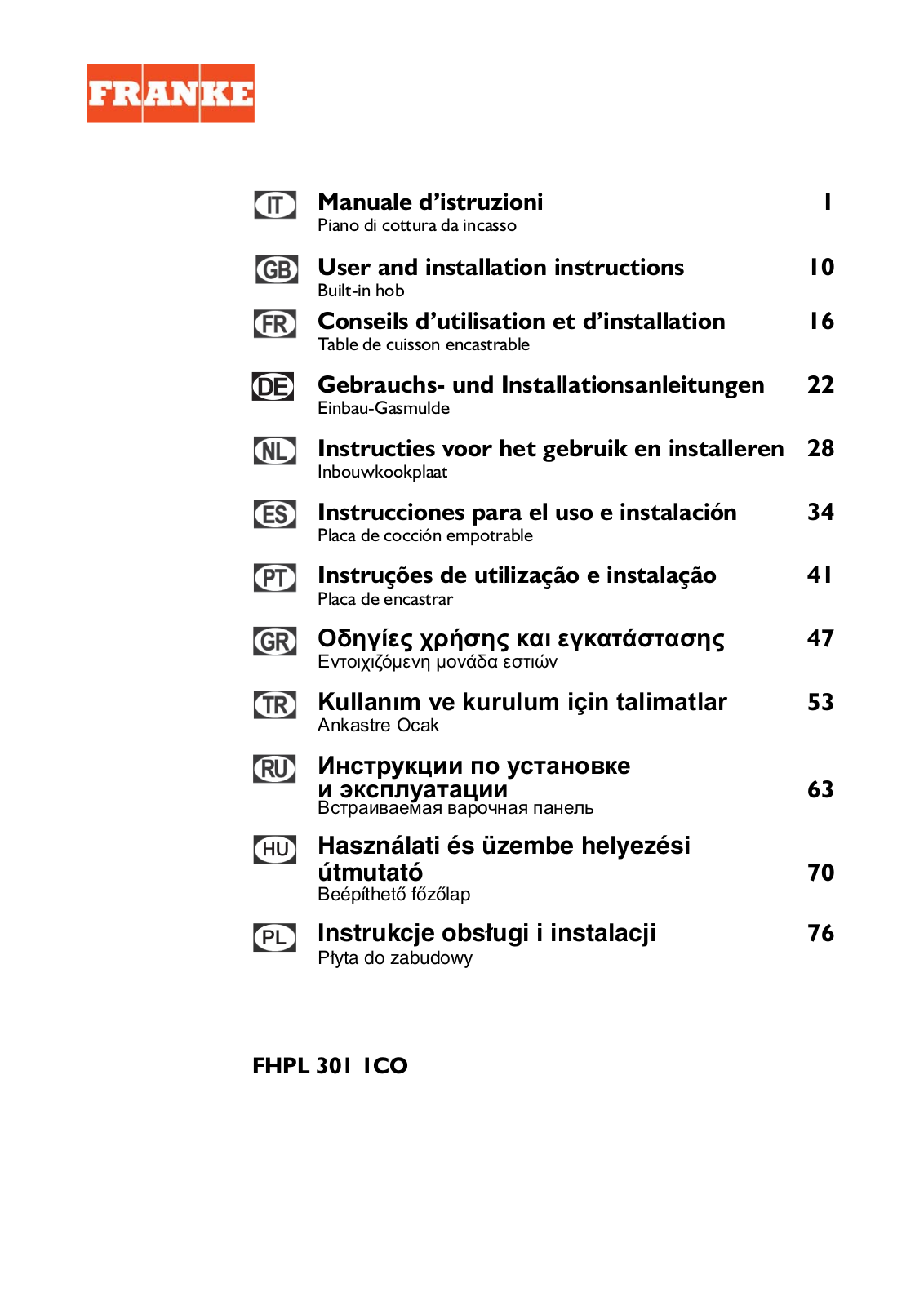 Franke Consumer Products FHPL 301 1CO User Manual