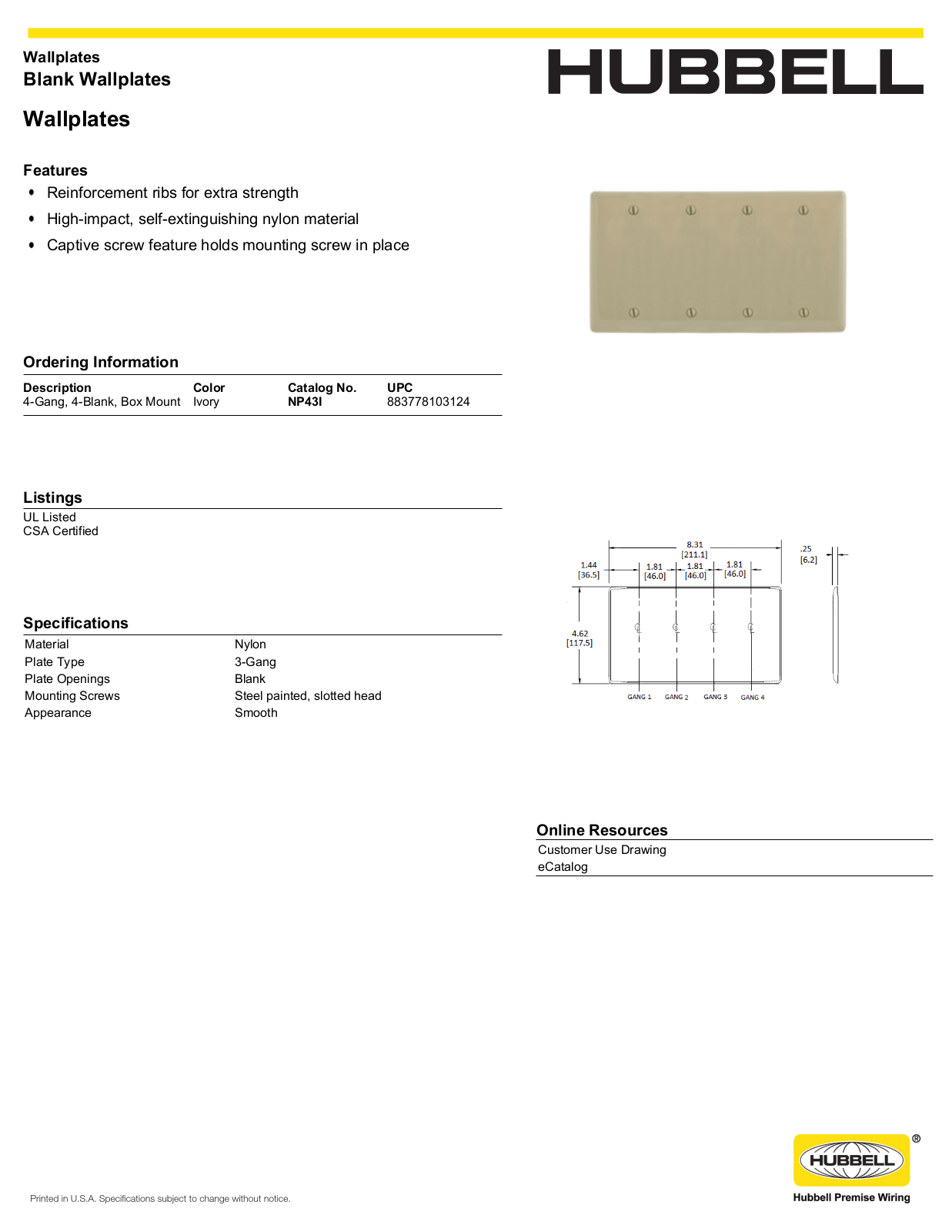 Hubbell NP43I Specifications