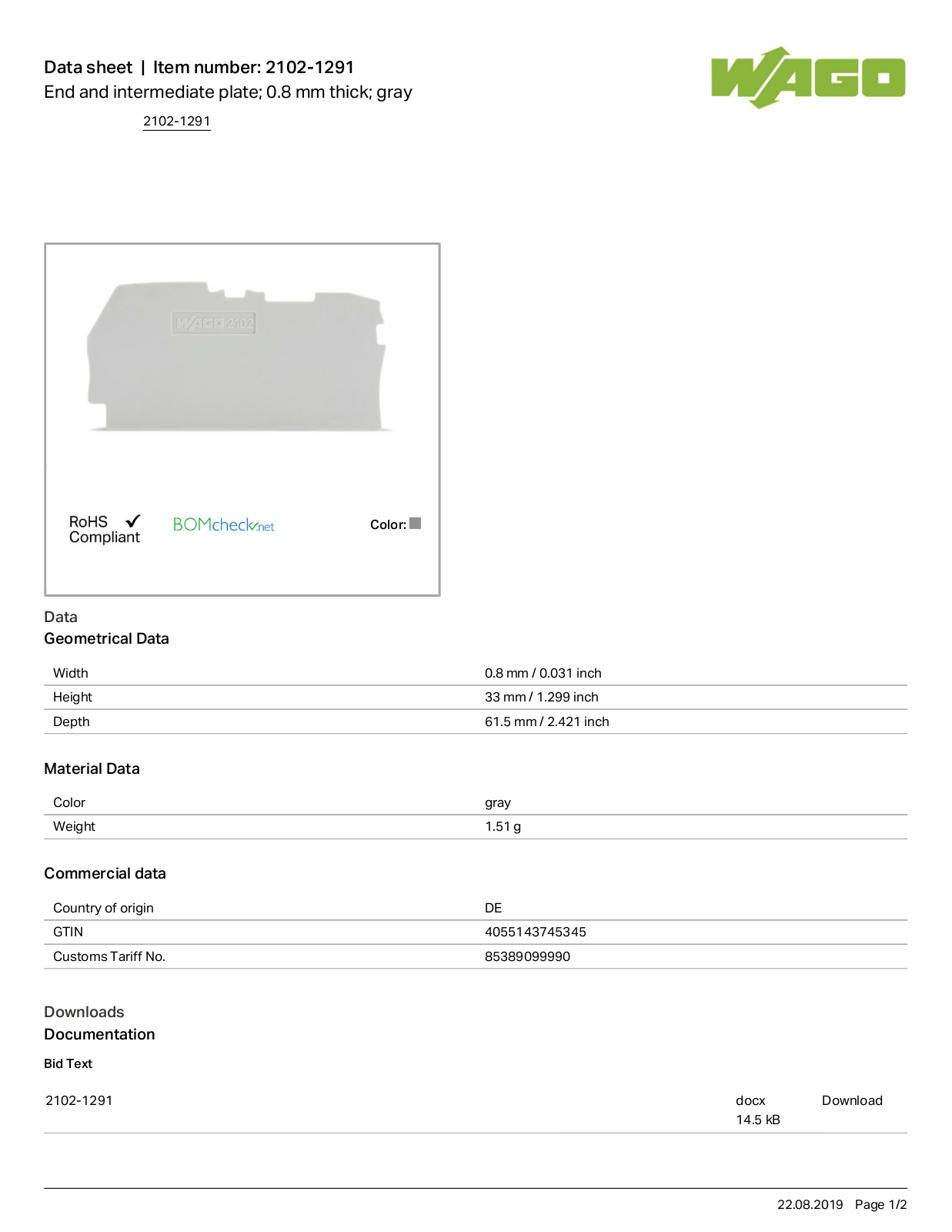 Wago 2102-1291 Data Sheet