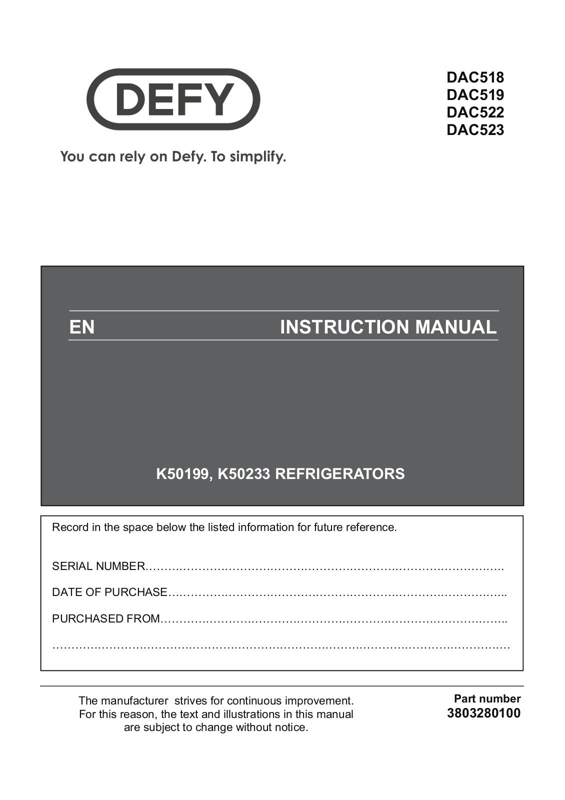 Defy DAC523, DAC518, DAC522, DAC519 User Manual