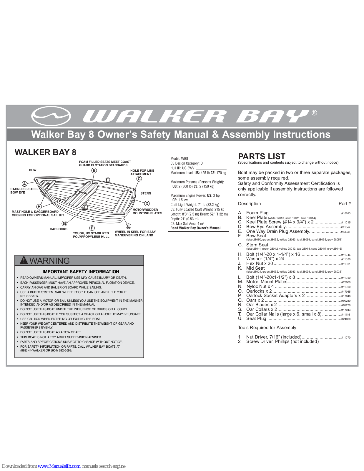 Walker Bay 8, WB8 Owner's Safety Manual & Assembly Instructions