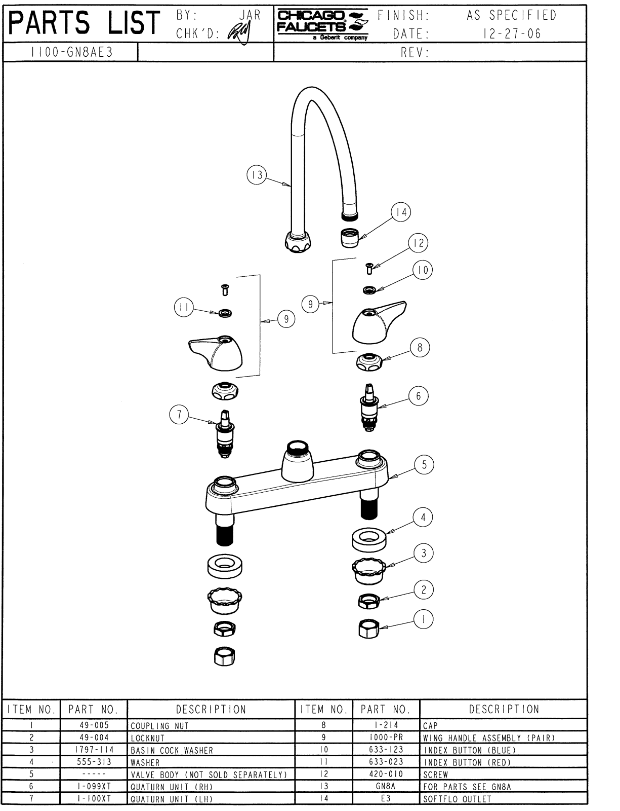 Chicago Faucet 1100-GN8AE3CP Parts List